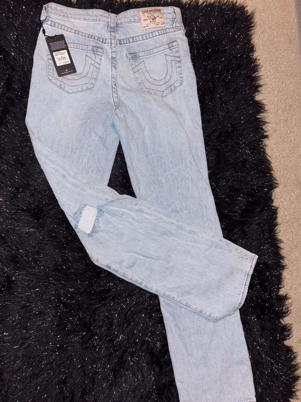 True Religion Sarah High Rise Straight Distressed Jeans in Cornflower with Destr